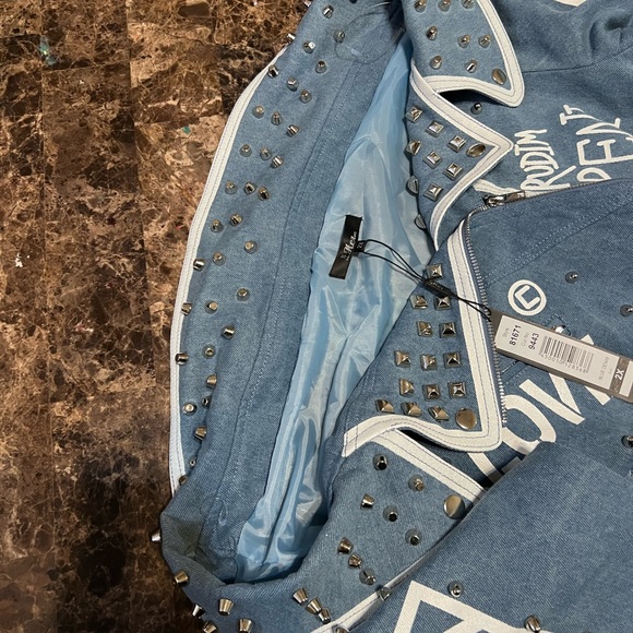 For Her NYC Belted Off-shoulder Studded Denim/Leopard Print Jacket Size 2X - Picture 9 of 15